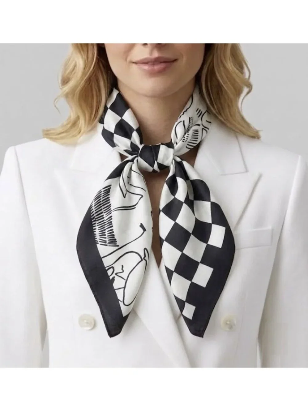⭐Luxury Silky Square Scarf Bandana Abstract Checkered BLACK WHITE Modern Art New